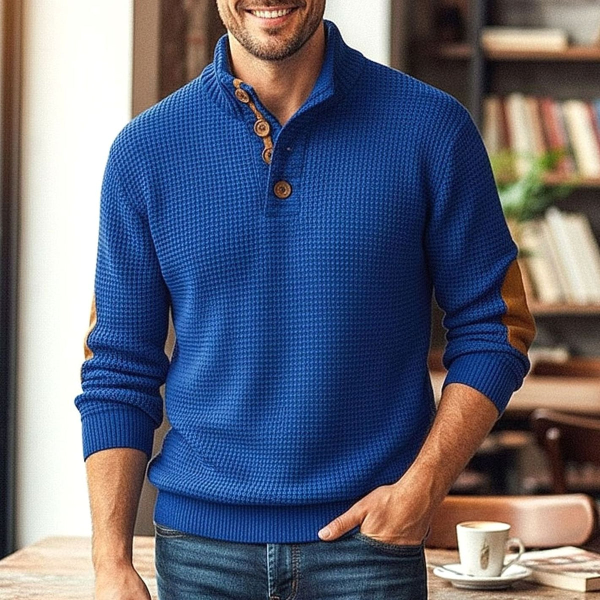 Men's Waffle-Knit Button-Neck Elbow-Patch Pullover Jumper - Royal Blue