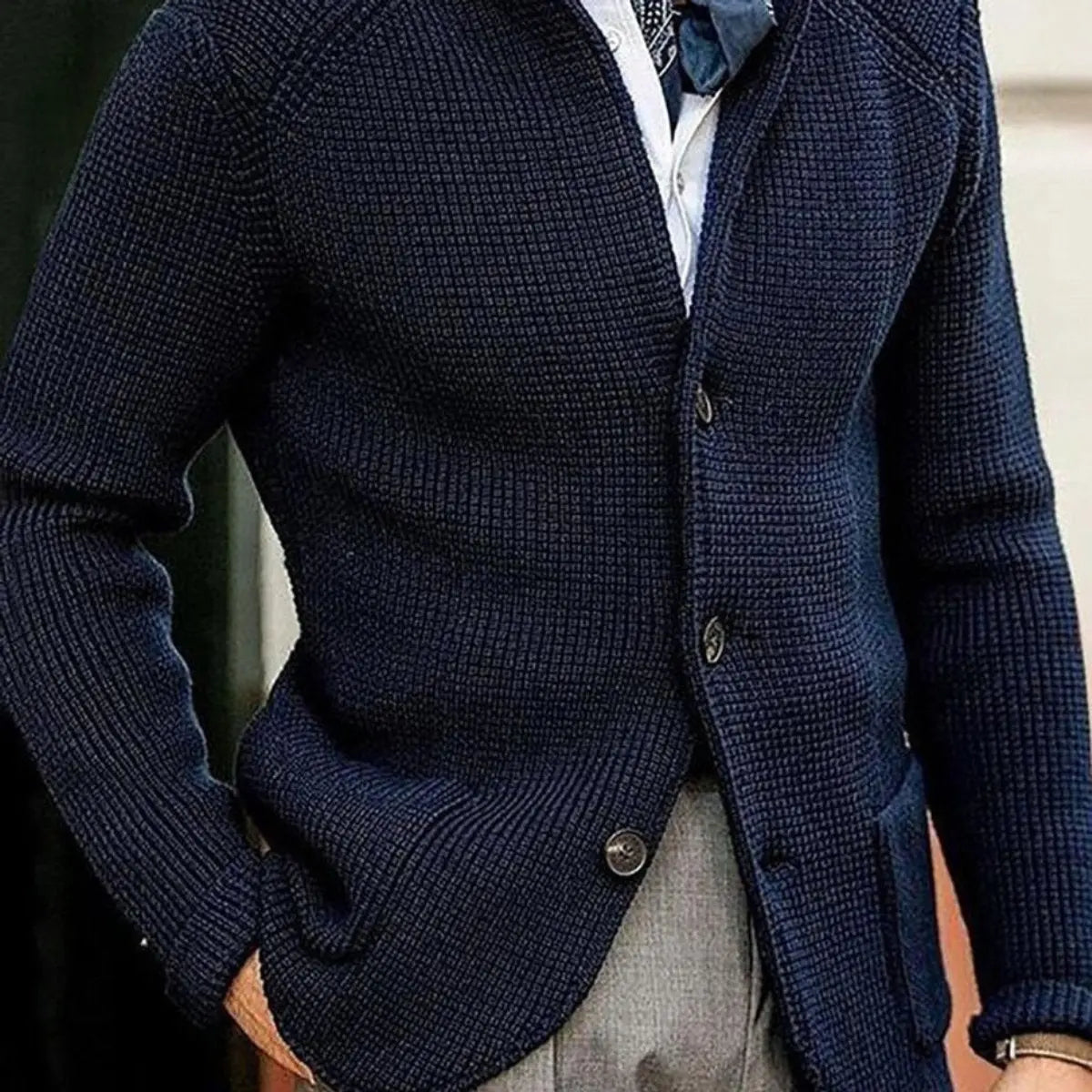 Mens Waffle-Knit Button-Up Cardigan Relaxed Fit Jumper - Blue