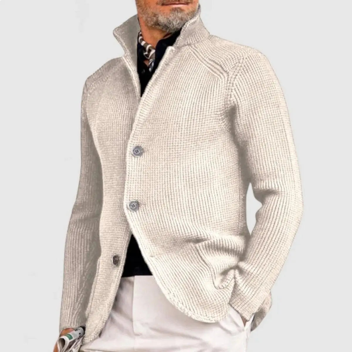 Mens Waffle-Knit Button-Up Cardigan Relaxed Fit Jumper - White