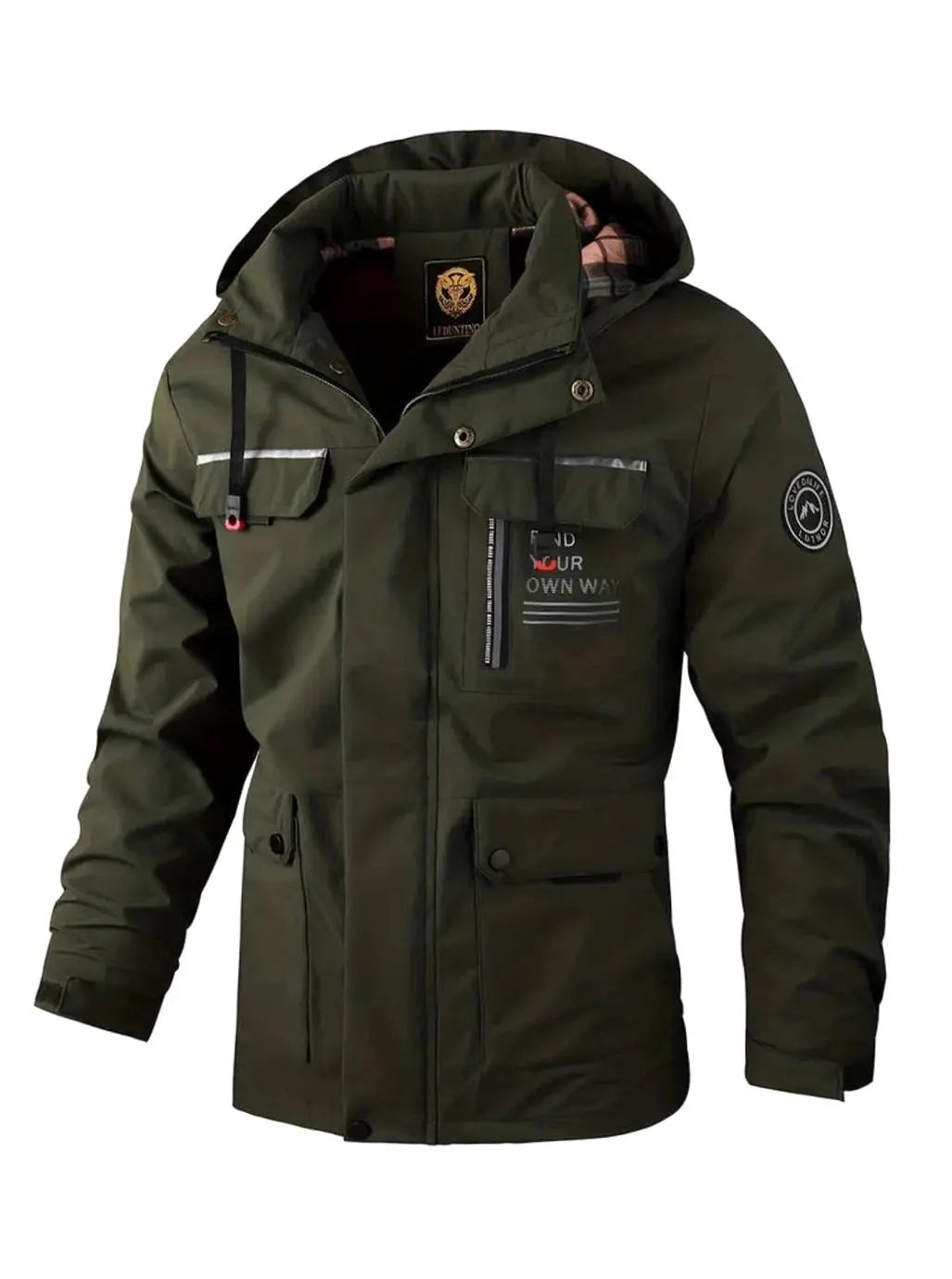 Men's Waterproof Hooded Multi-Pocket Winter Jacket - Dark Green