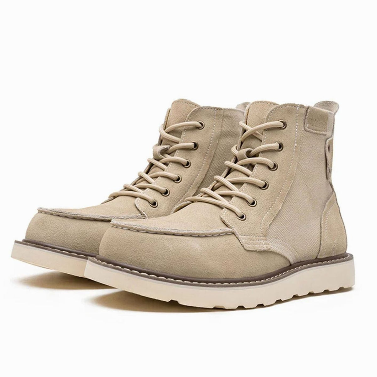 Men's Waterproof Moc Toe Leather Boots Chunky Platform Sole - Beige