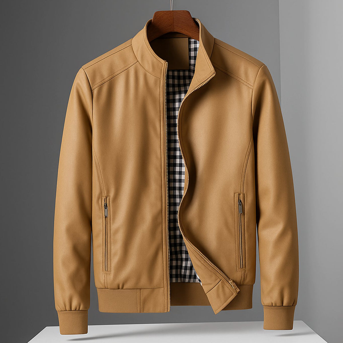 Men's Weather-Resistant Zip-Up Bomber Jacket Checked Lining - Khaki