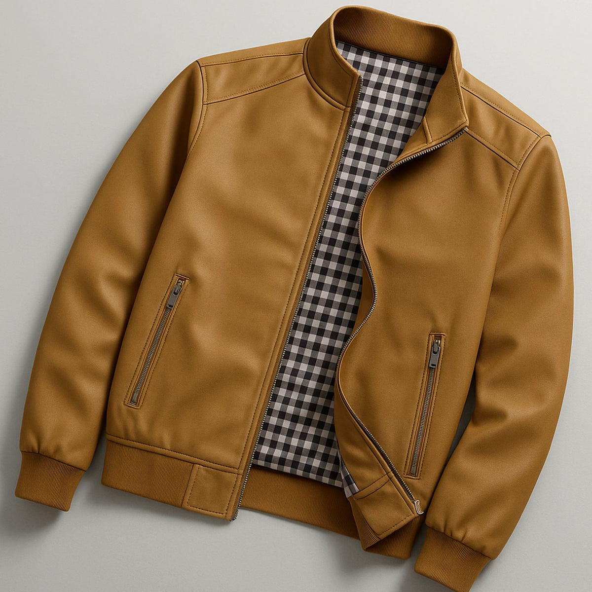 Men's Weather-Resistant Zip-Up Bomber Jacket Checked Lining