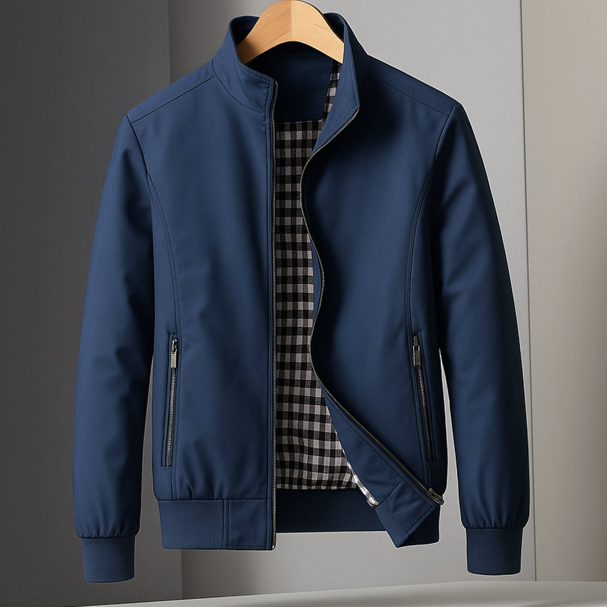 Men's Weather-Resistant Zip-Up Bomber Jacket Checked Lining - Blue
