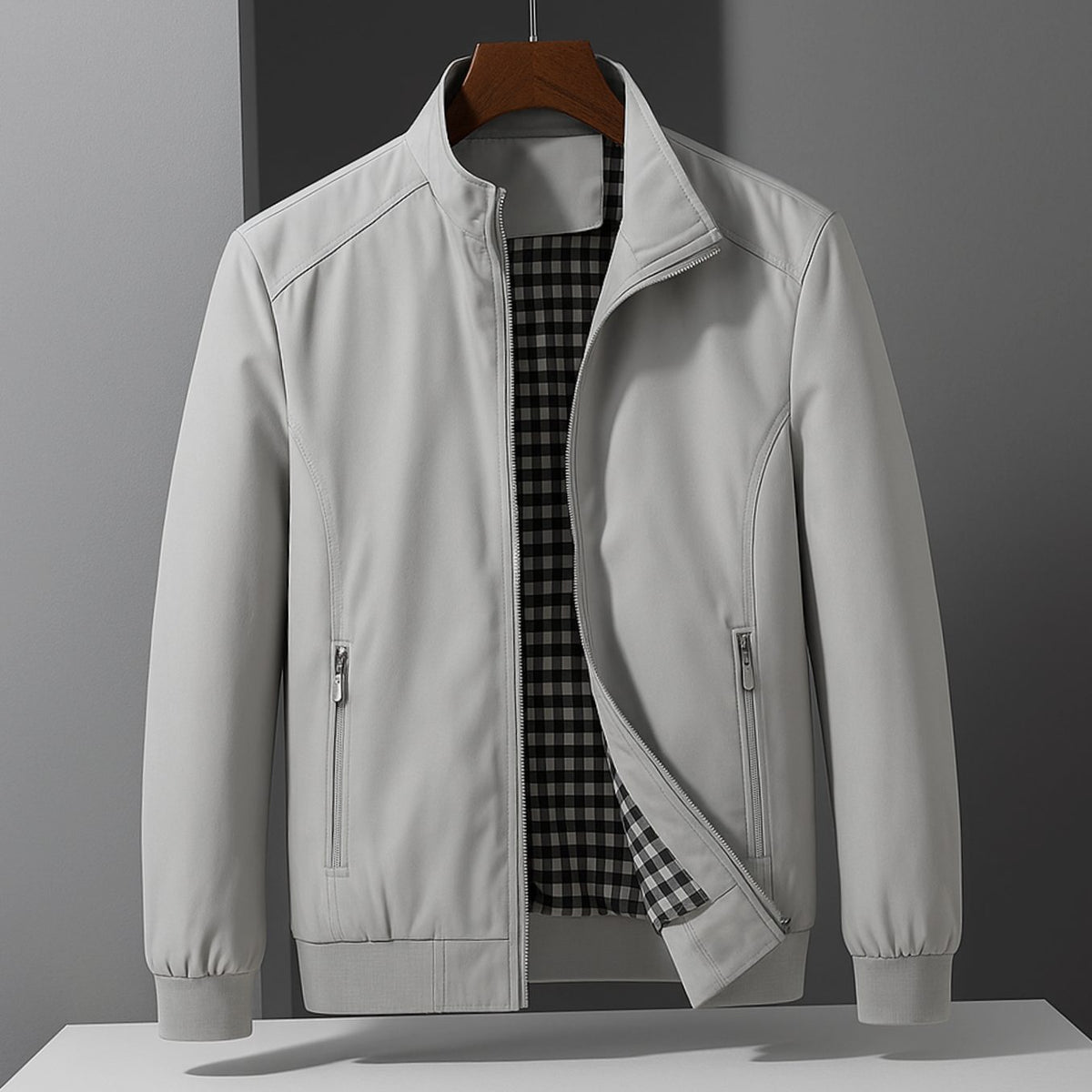 Men's Weather-Resistant Zip-Up Bomber Jacket Checked Lining - Light Grey