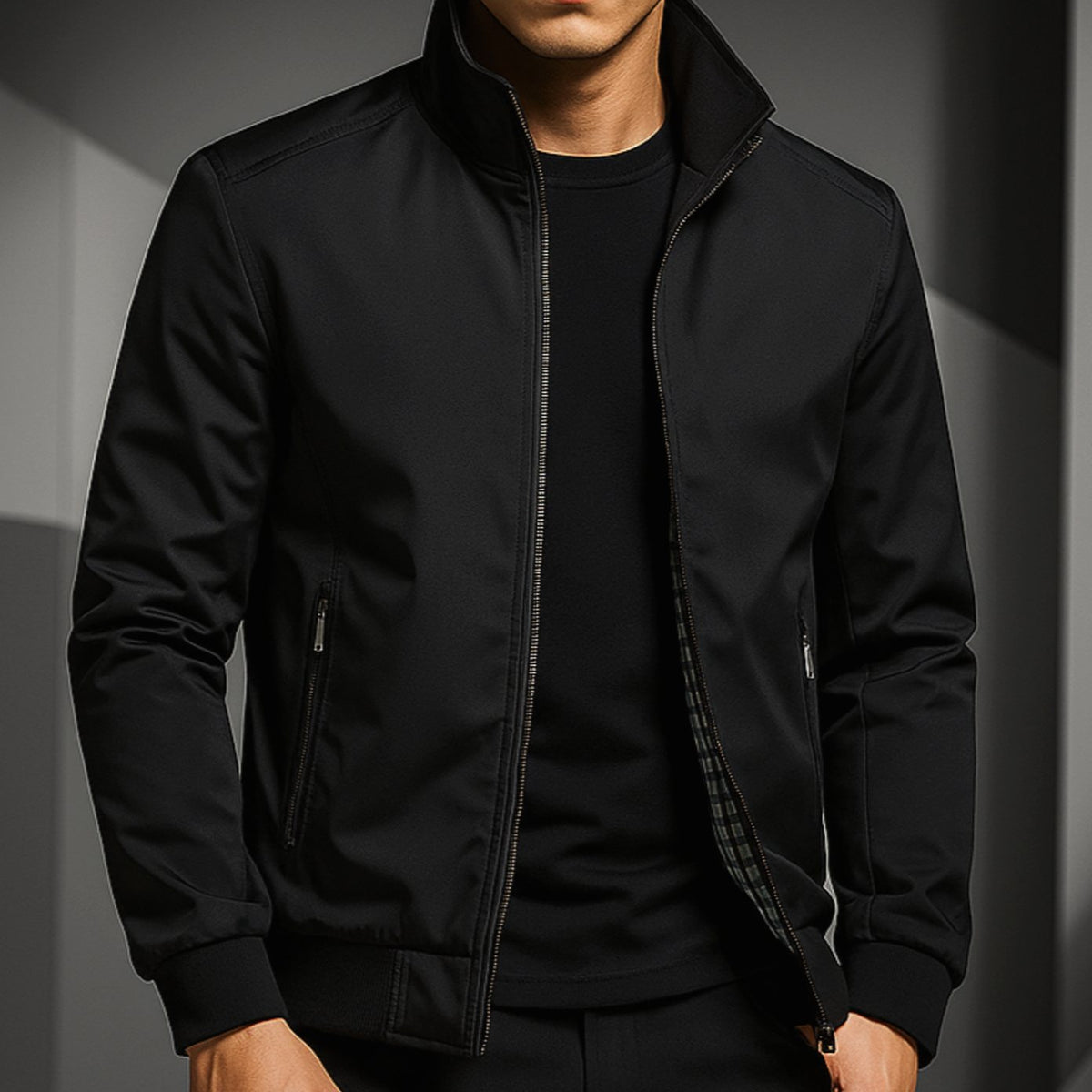 Men's Weather-Resistant Zip-Up Bomber Jacket Checked Lining