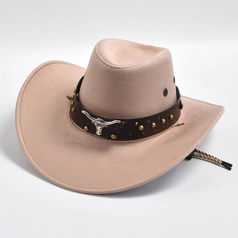 Men's Western Cowboy Hat Studded Band Bull Emblem Wide Brim - Champagne