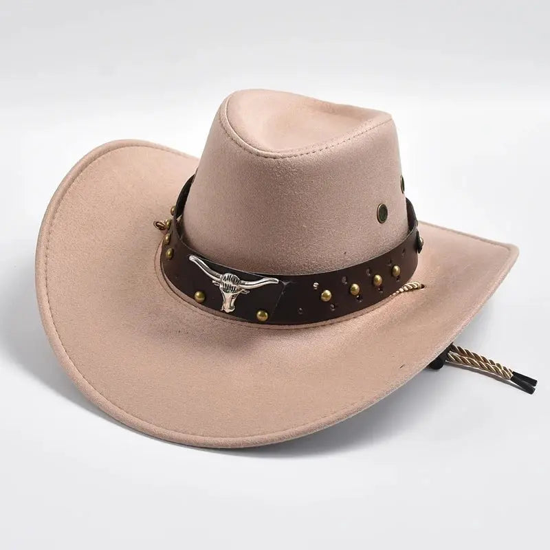 Men's Western Cowboy Hat Studded Band Bull Emblem Wide Brim - Champagne