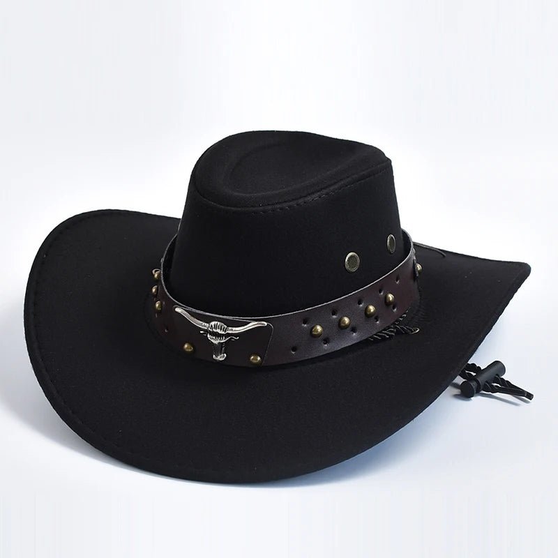 Men's Western Cowboy Hat Studded Band Bull Emblem Wide Brim - Black