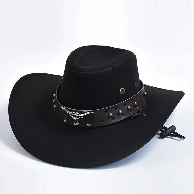 Men's Western Cowboy Hat Studded Band Bull Emblem Wide Brim - Black