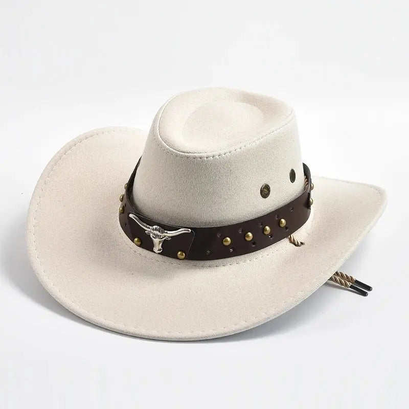 Men's Western Cowboy Hat Studded Band Bull Emblem Wide Brim - Ivory