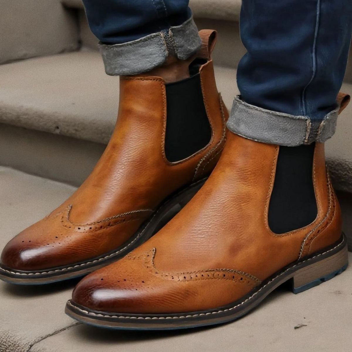 Men's Wingtip Brogue Chelsea Boots Slip-On Burnished Leather-Look