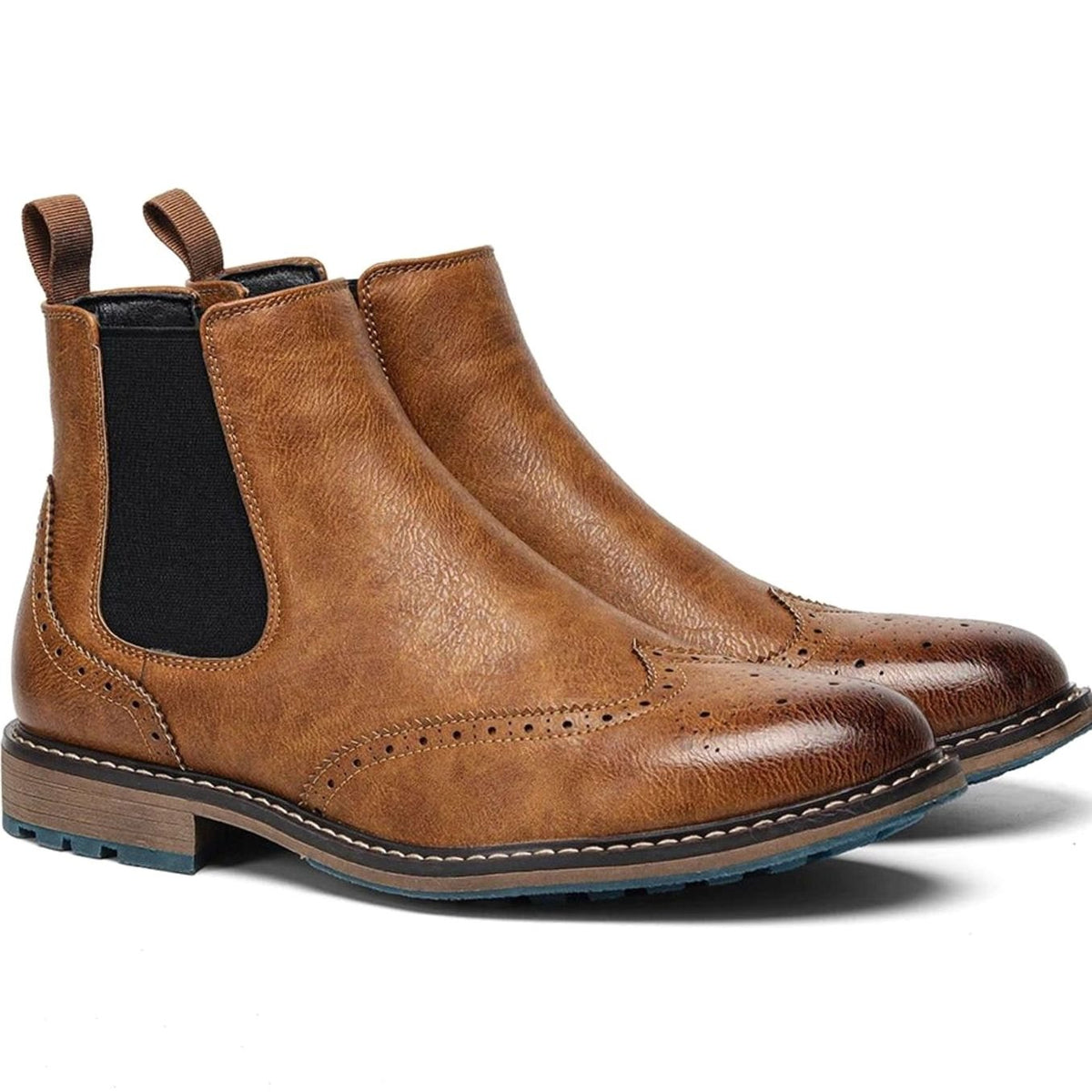 Men's Wingtip Brogue Chelsea Boots Slip-On Burnished Leather-Look