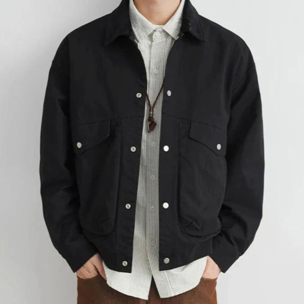 Men's Workwear Cotton Snap-Button Flap-Pocket Jacket - Black