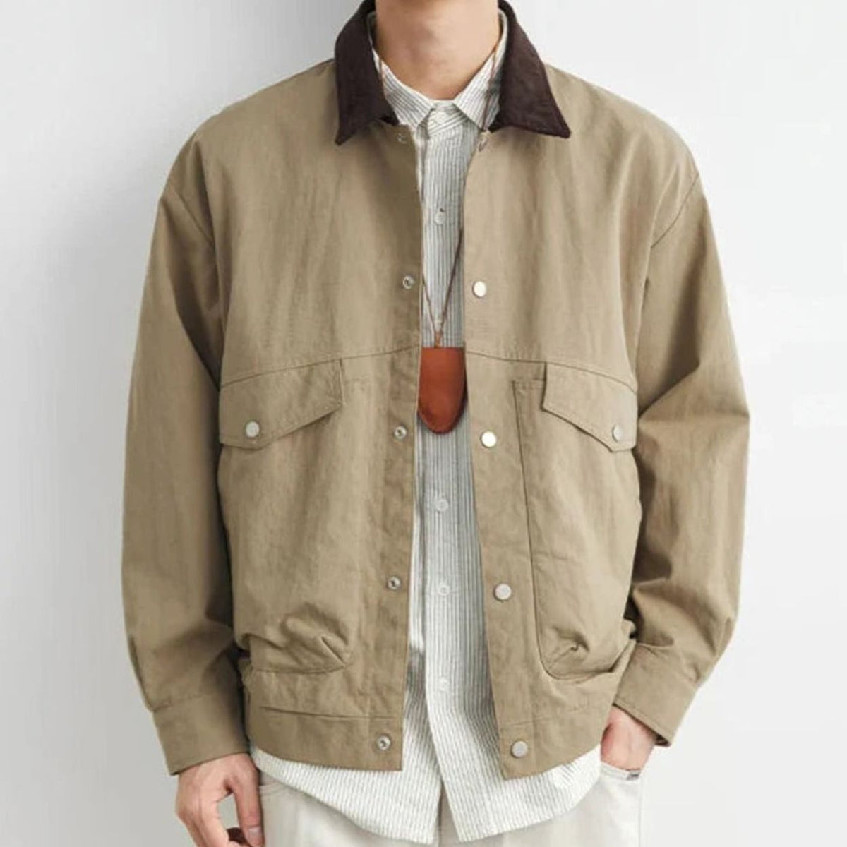 Men's Workwear Cotton Snap-Button Flap-Pocket Jacket - Khaki