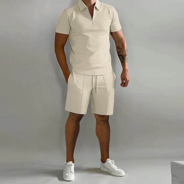 Men's Zip Polo & Shorts Set Ribbed Texture Drawstring - Khaki