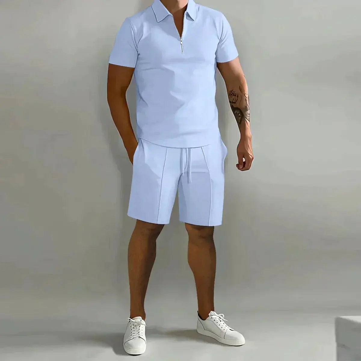 Men's Zip Polo & Shorts Set Ribbed Texture Drawstring - Light Blue