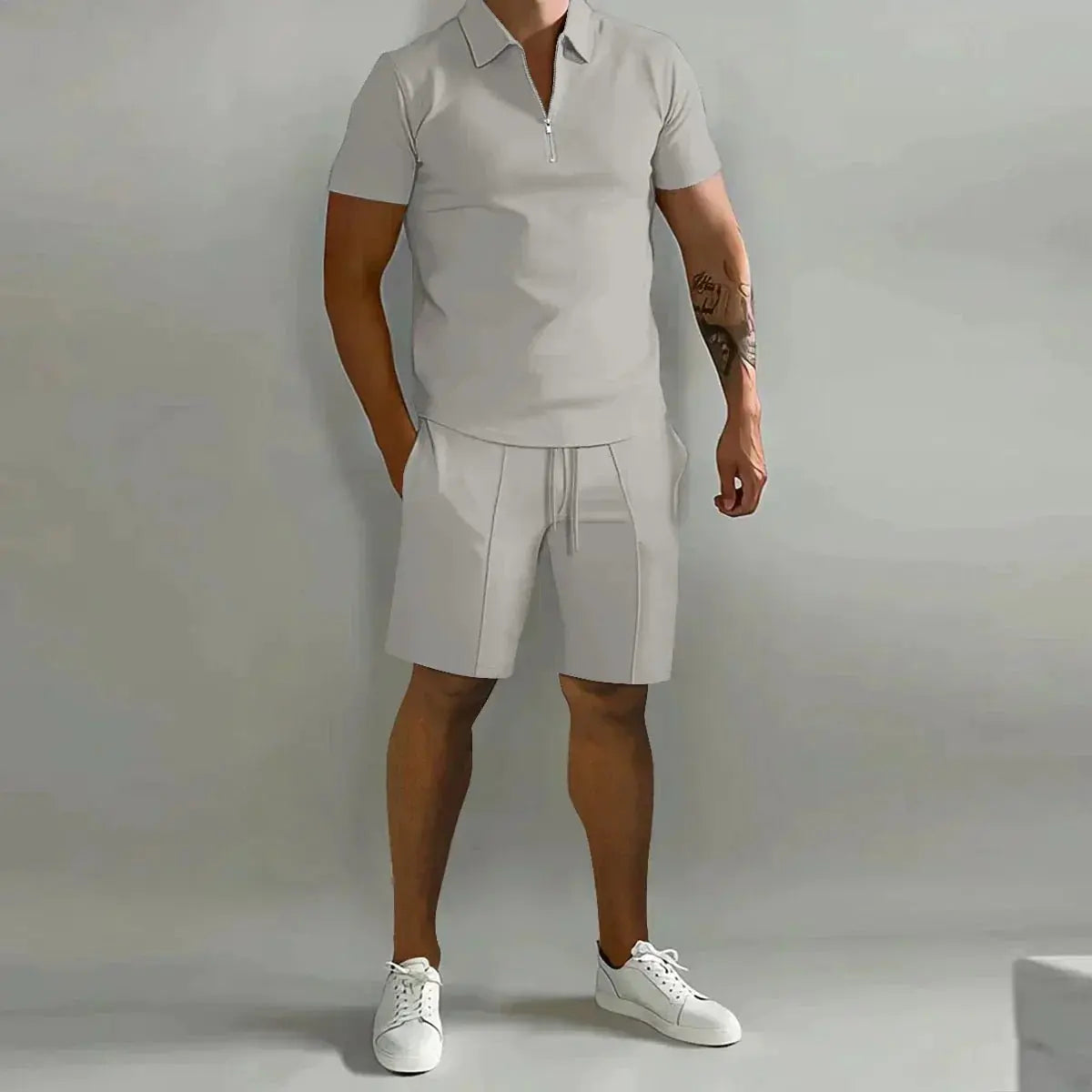 Men's Zip Polo & Shorts Set Ribbed Texture Drawstring - Light Gray
