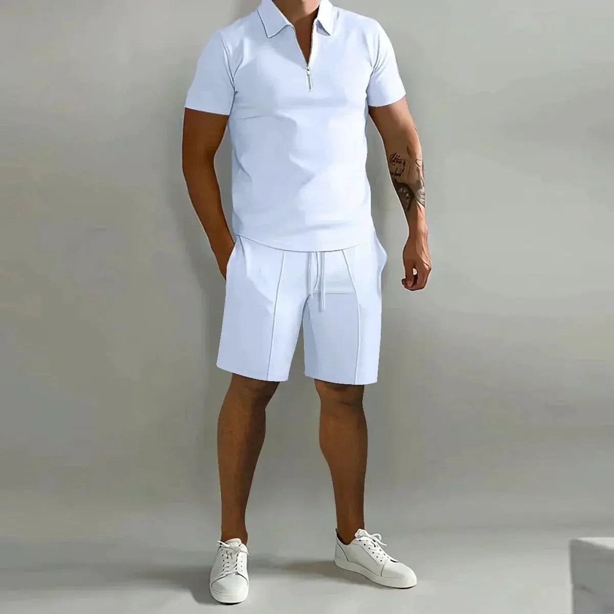 Men's Zip Polo & Shorts Set Ribbed Texture Drawstring - White