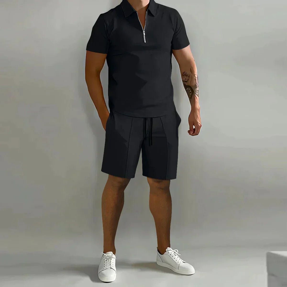 Men's Zip Polo & Shorts Set Ribbed Texture Drawstring - Black