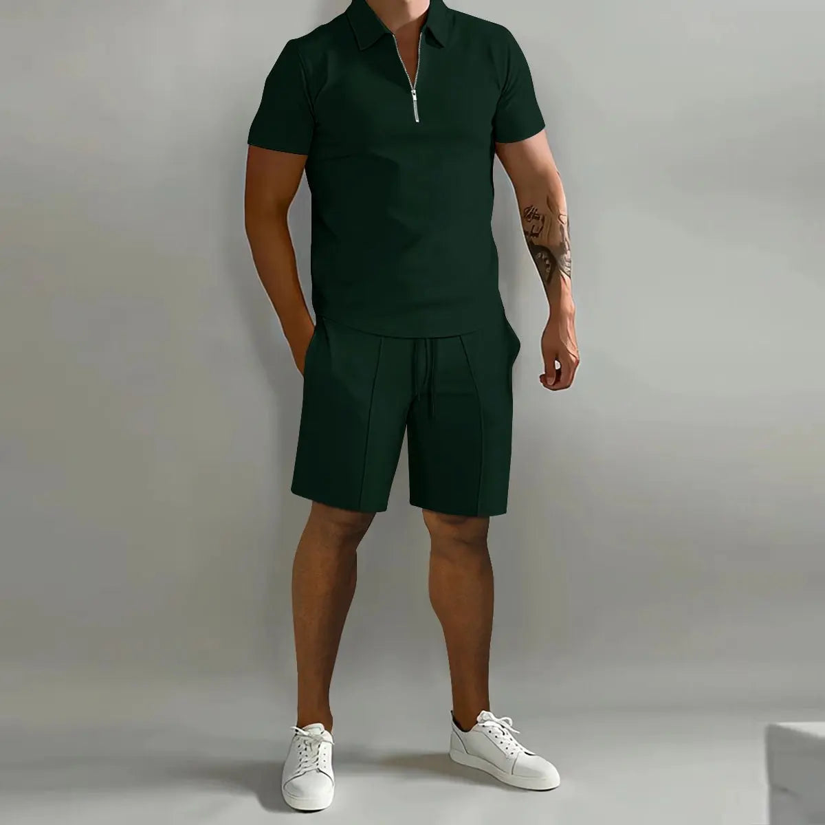 Men's Zip Polo & Shorts Set Ribbed Texture Drawstring - Green