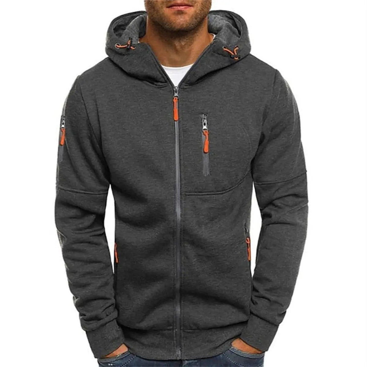 Mens Zip-Up Hooded Knit Sweater Fleece Hoodie Multi-Pocket - Dark Grey