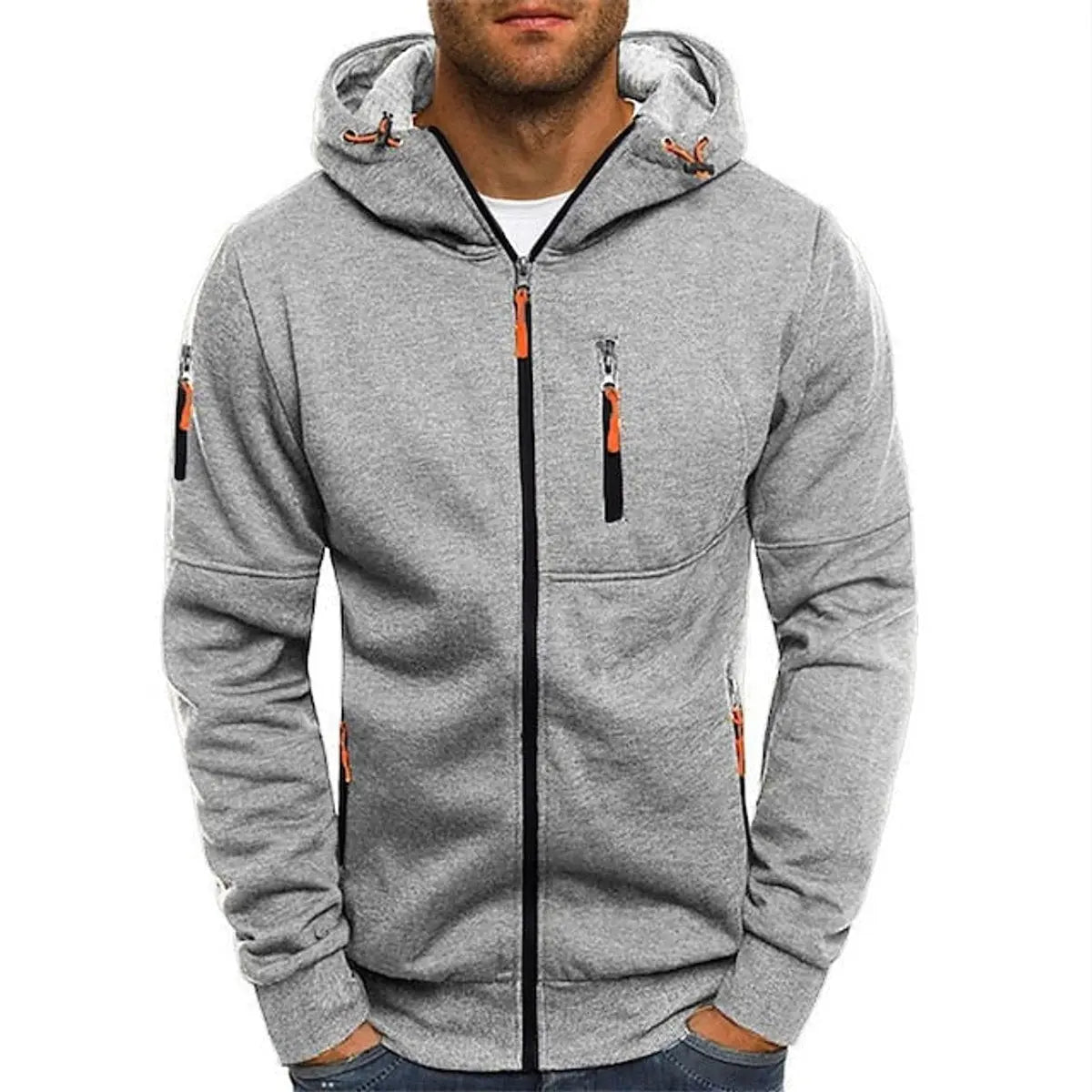 Mens Zip-Up Hooded Knit Sweater Fleece Hoodie Multi-Pocket - Light Grey