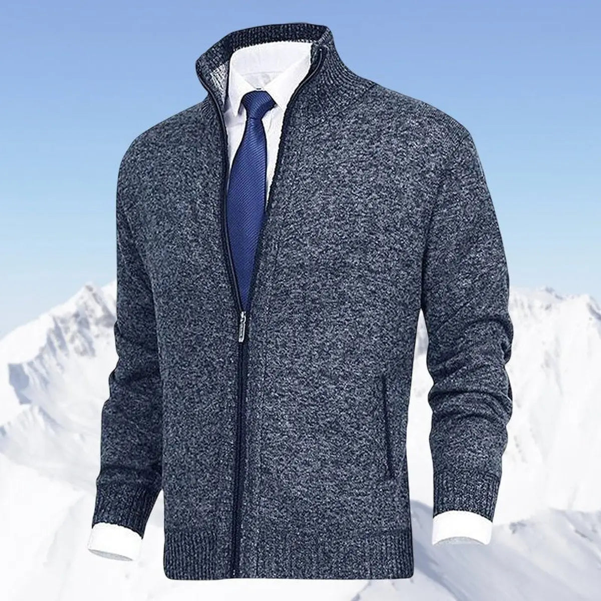 Men's Zip-Up Knit Fleece-Lined Mens Cardigan Jumper Stand Collar - Blue