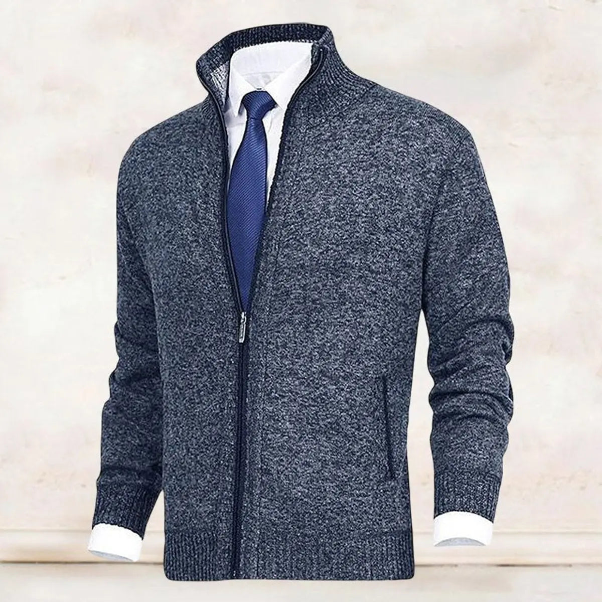 Men's Zip-Up Knit Fleece-Lined Mens Cardigan Jumper Stand Collar