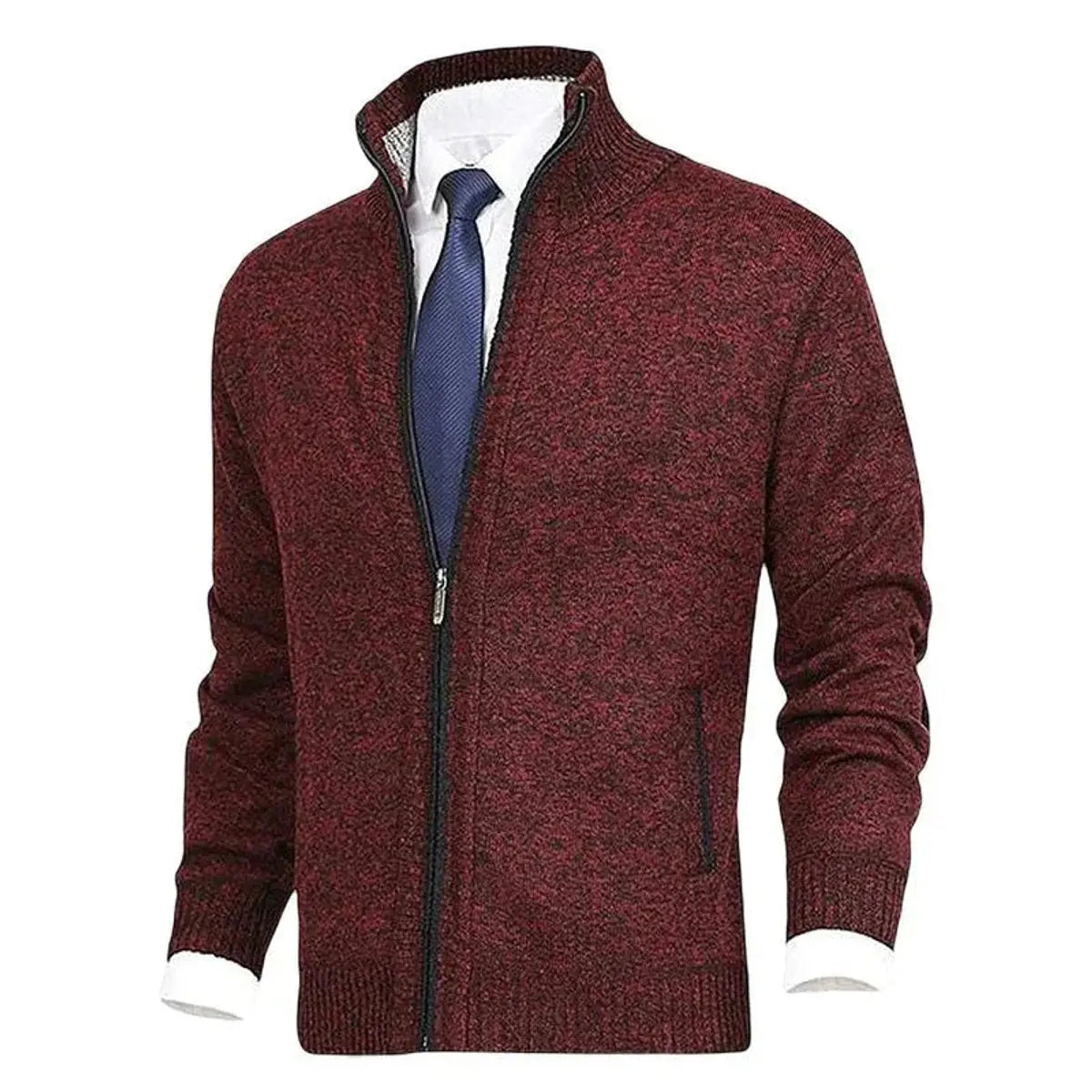 Men's Zip-Up Knit Fleece-Lined Mens Cardigan Jumper Stand Collar