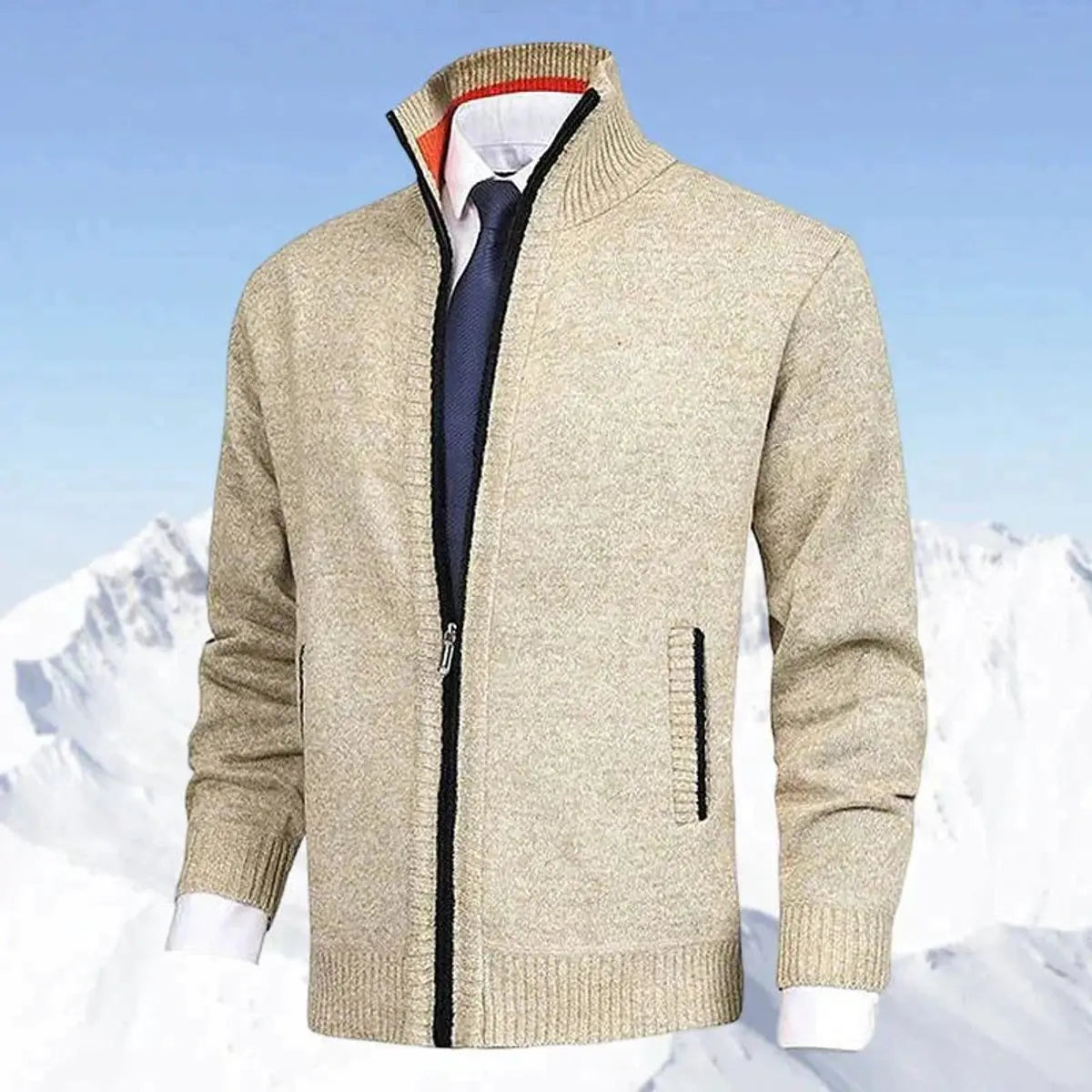 Men's Zip-Up Knit Fleece-Lined Mens Cardigan Jumper Stand Collar - Beige