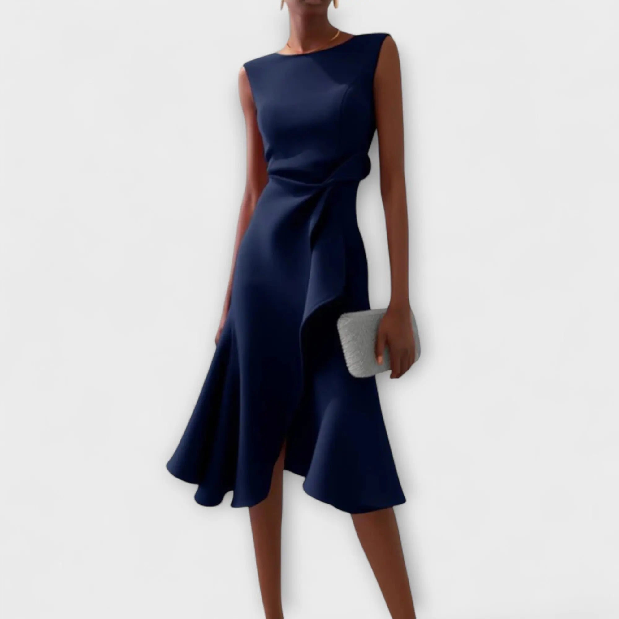 Midi Dress Asymmetric Sleeveless Sophisticated Formal - Navy Blue