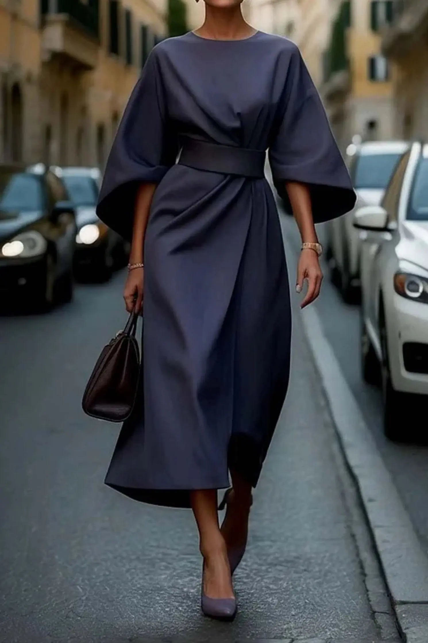 Midi Dress Balloon Sleeves Belted Wrap Style Elegant - Blue