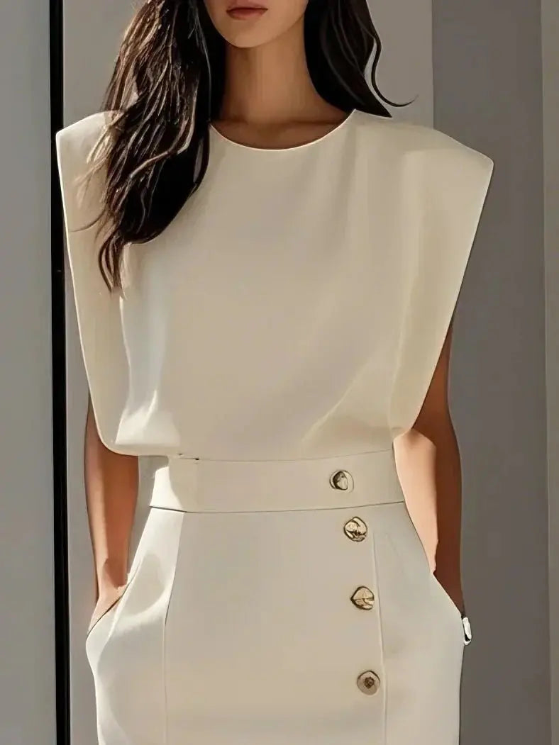 Midi Dress Button Detail Round Neckline Sleeveless