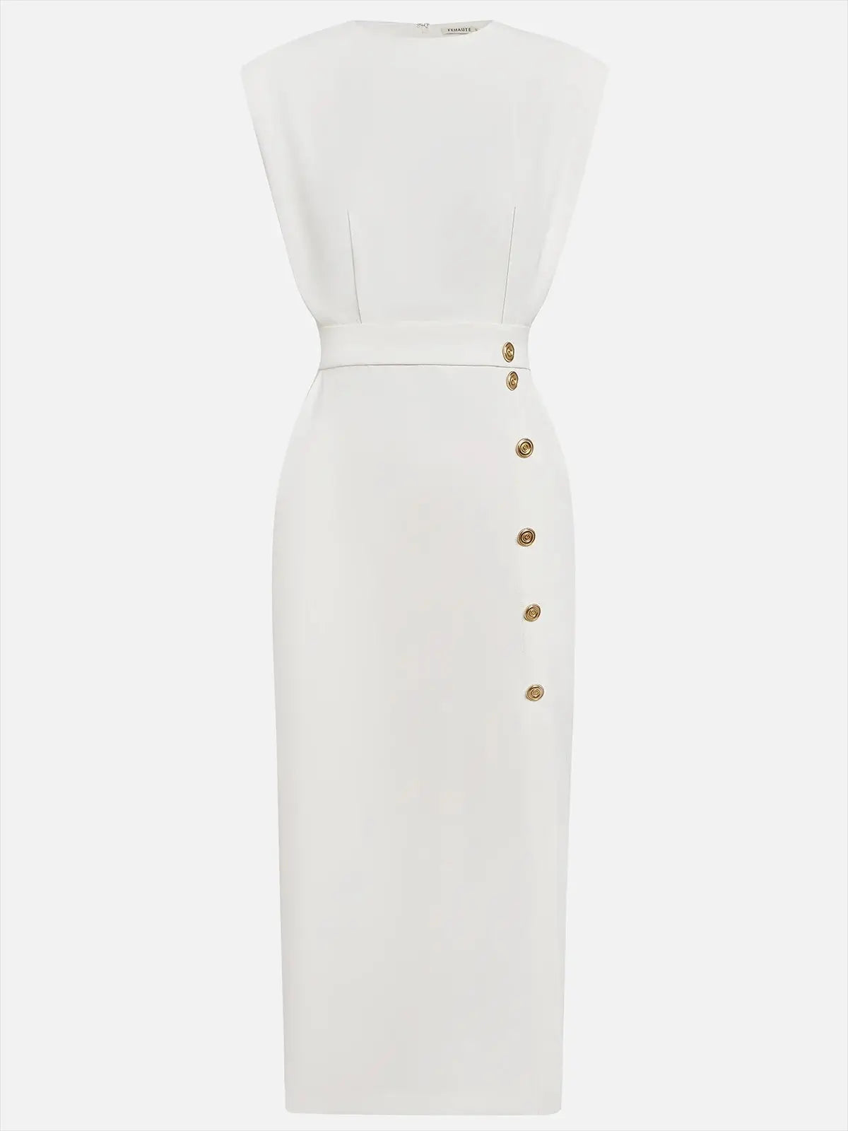 Midi Dress Button Detail Round Neckline Sleeveless