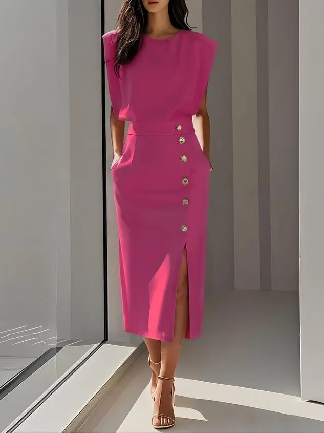 Midi Dress Button Detail Round Neckline Sleeveless - Bright Pink