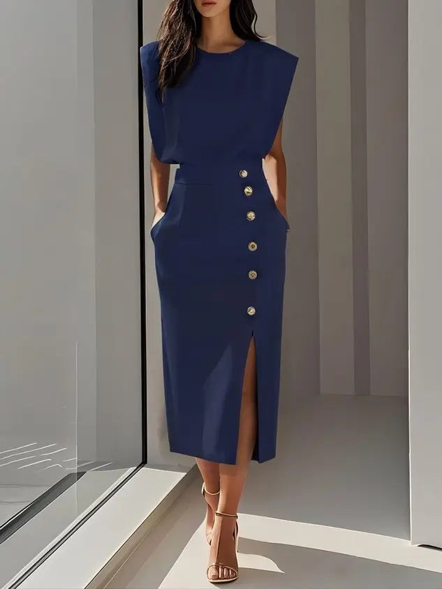 Midi Dress Button Detail Round Neckline Sleeveless - Blue