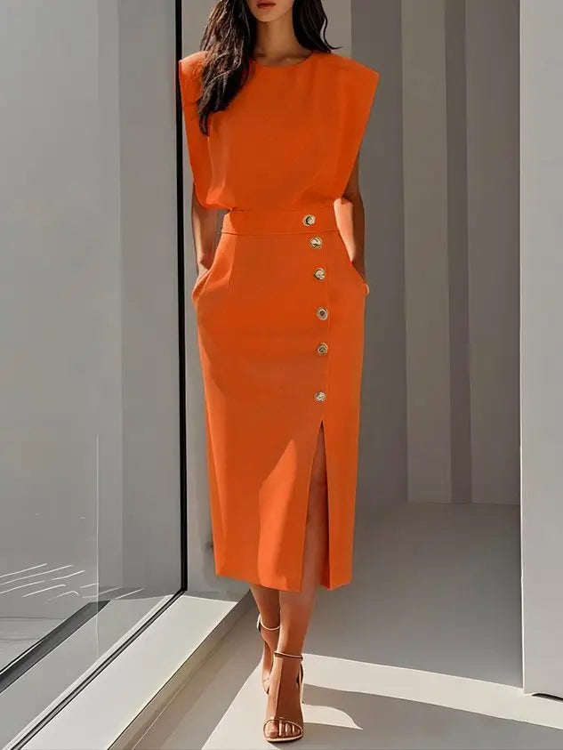 Midi Dress Button Detail Round Neckline Sleeveless - Orange
