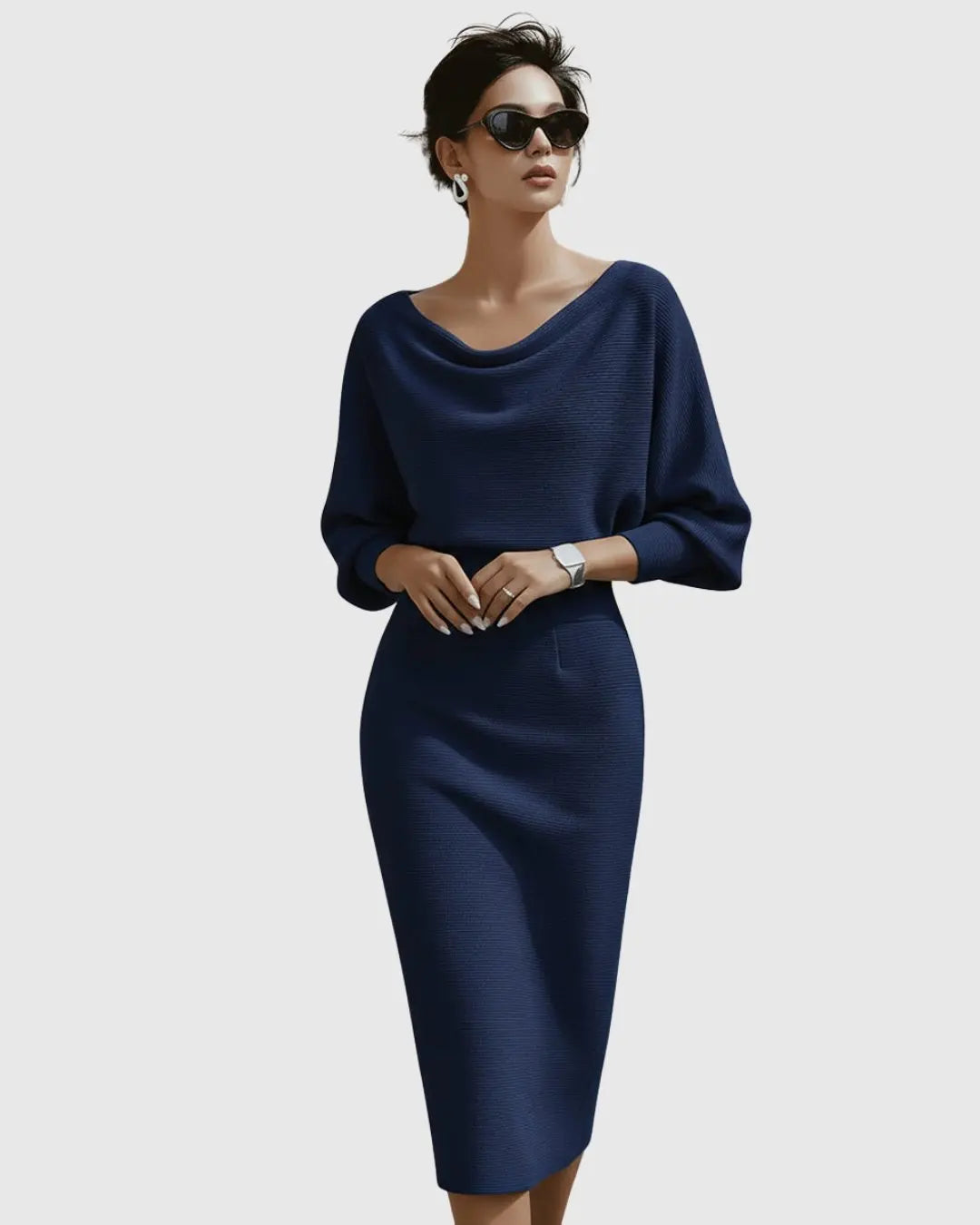 Midi Dress Draped Cowl Neck Batwing Sleeves Knit