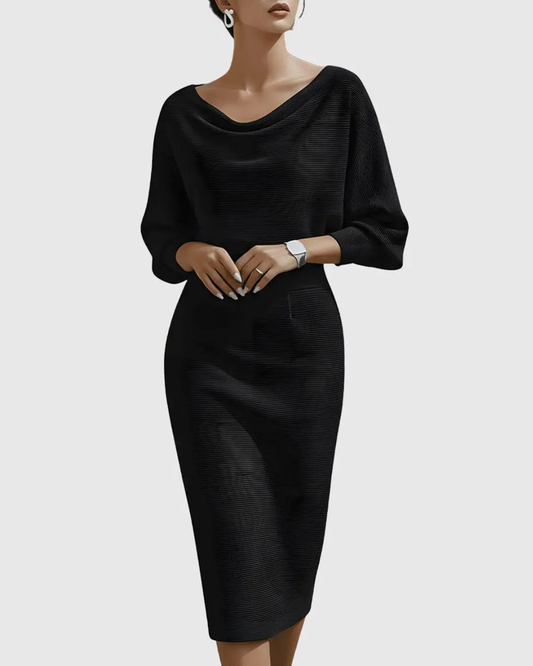 Midi Dress Draped Cowl Neck Batwing Sleeves Knit - Black (Almost Sold Out