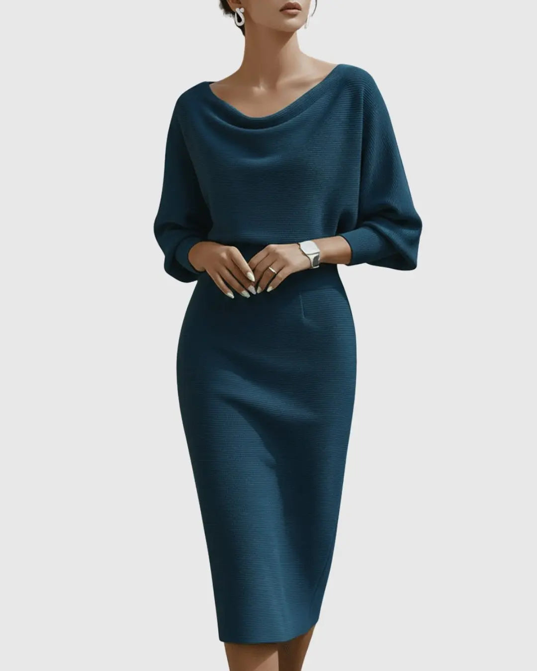 Midi Dress Draped Cowl Neck Batwing Sleeves Knit