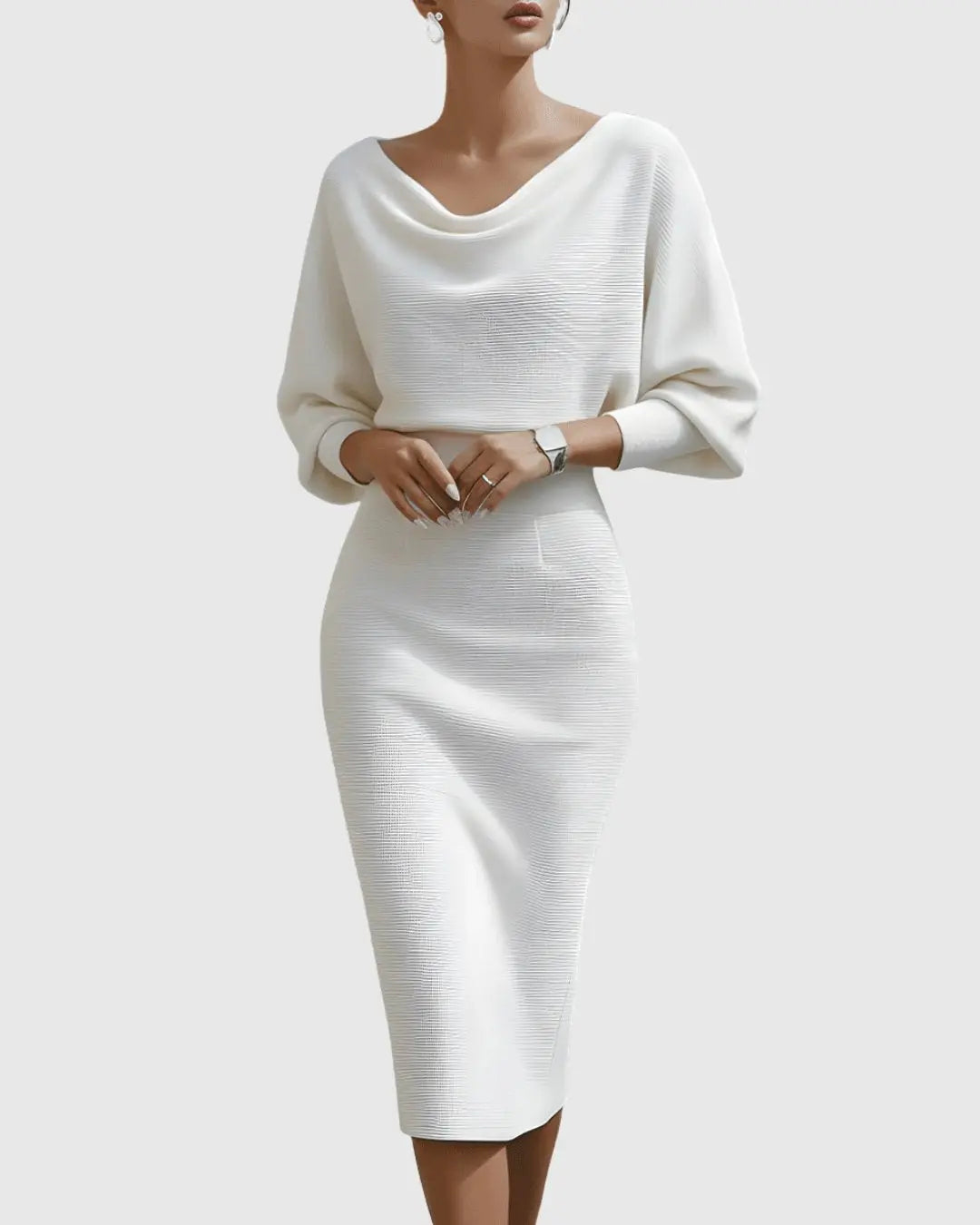 Midi Dress Draped Cowl Neck Batwing Sleeves Knit - White