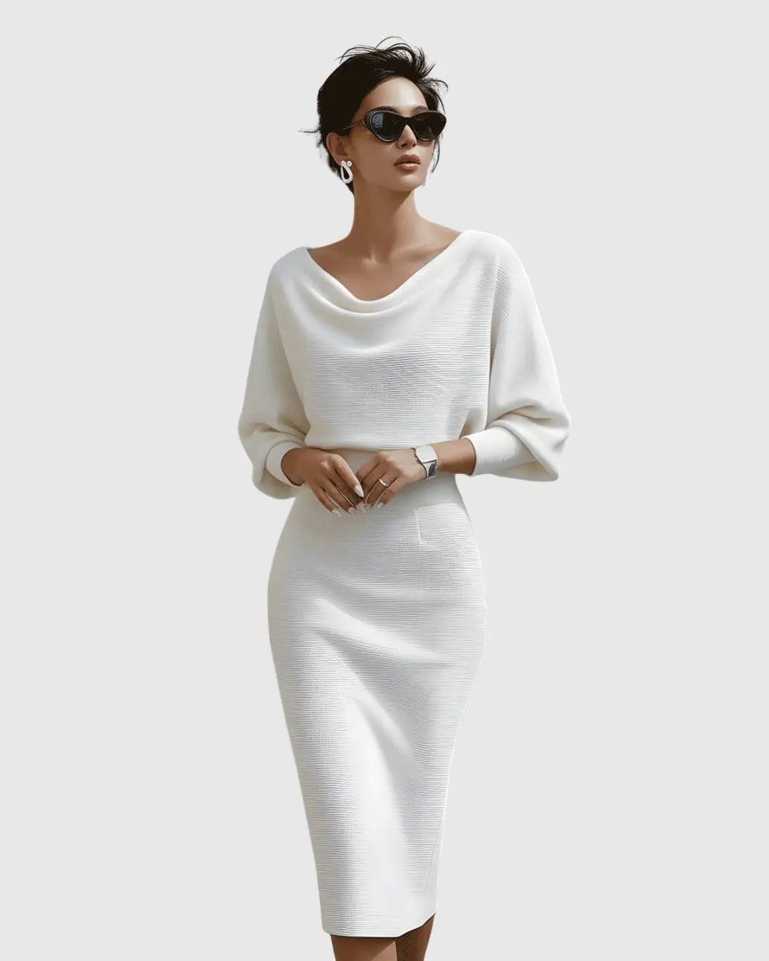 Midi Dress Draped Cowl Neck Batwing Sleeves Knit