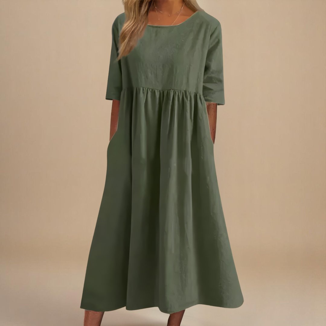 Midi Dress Gathered Waist Linen Half Sleeve - Army Green