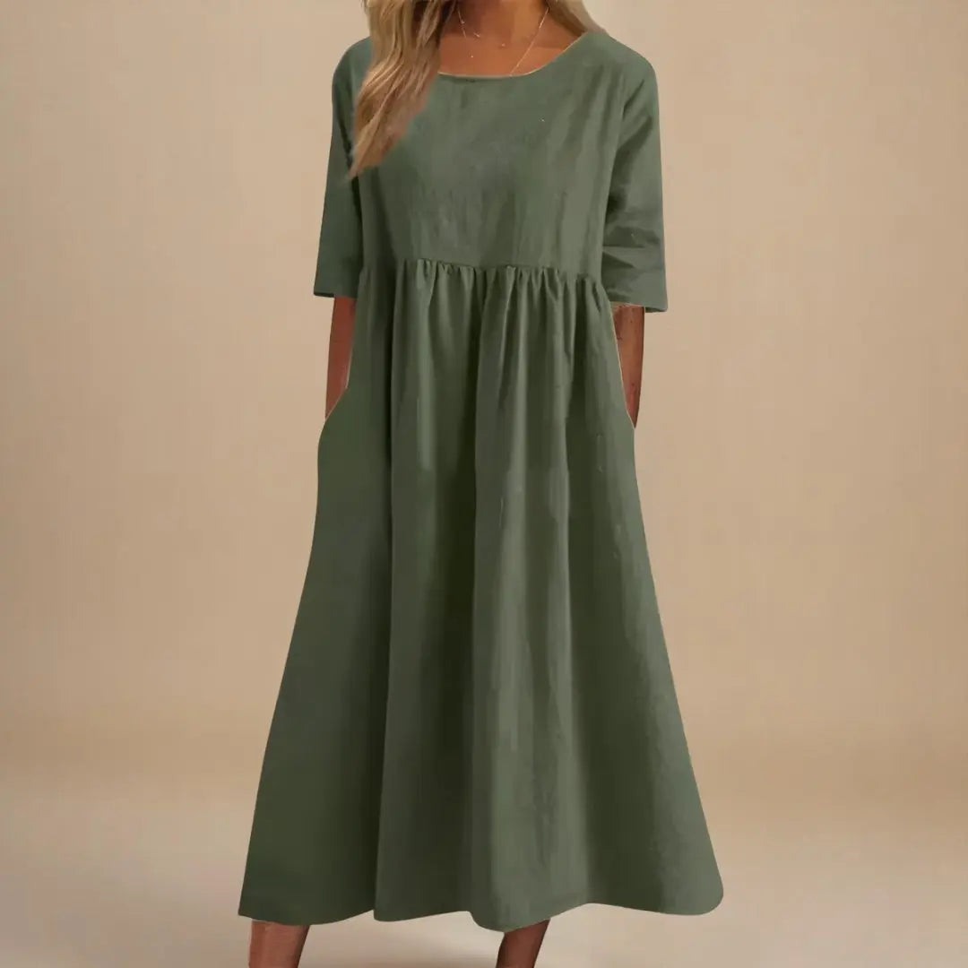 Midi Dress Gathered Waist Linen Half Sleeve - Army Green