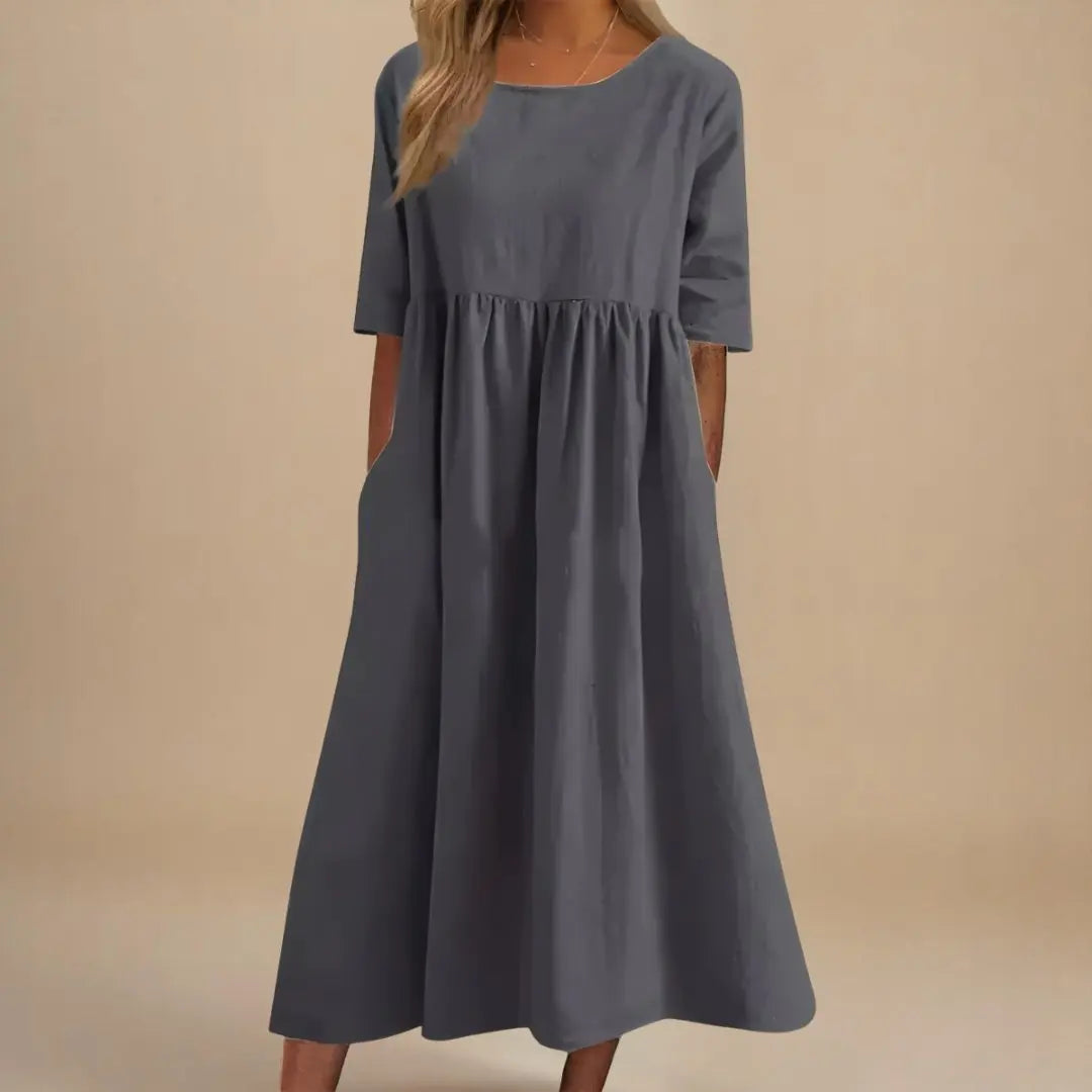 Midi Dress Gathered Waist Linen Half Sleeve - Gray