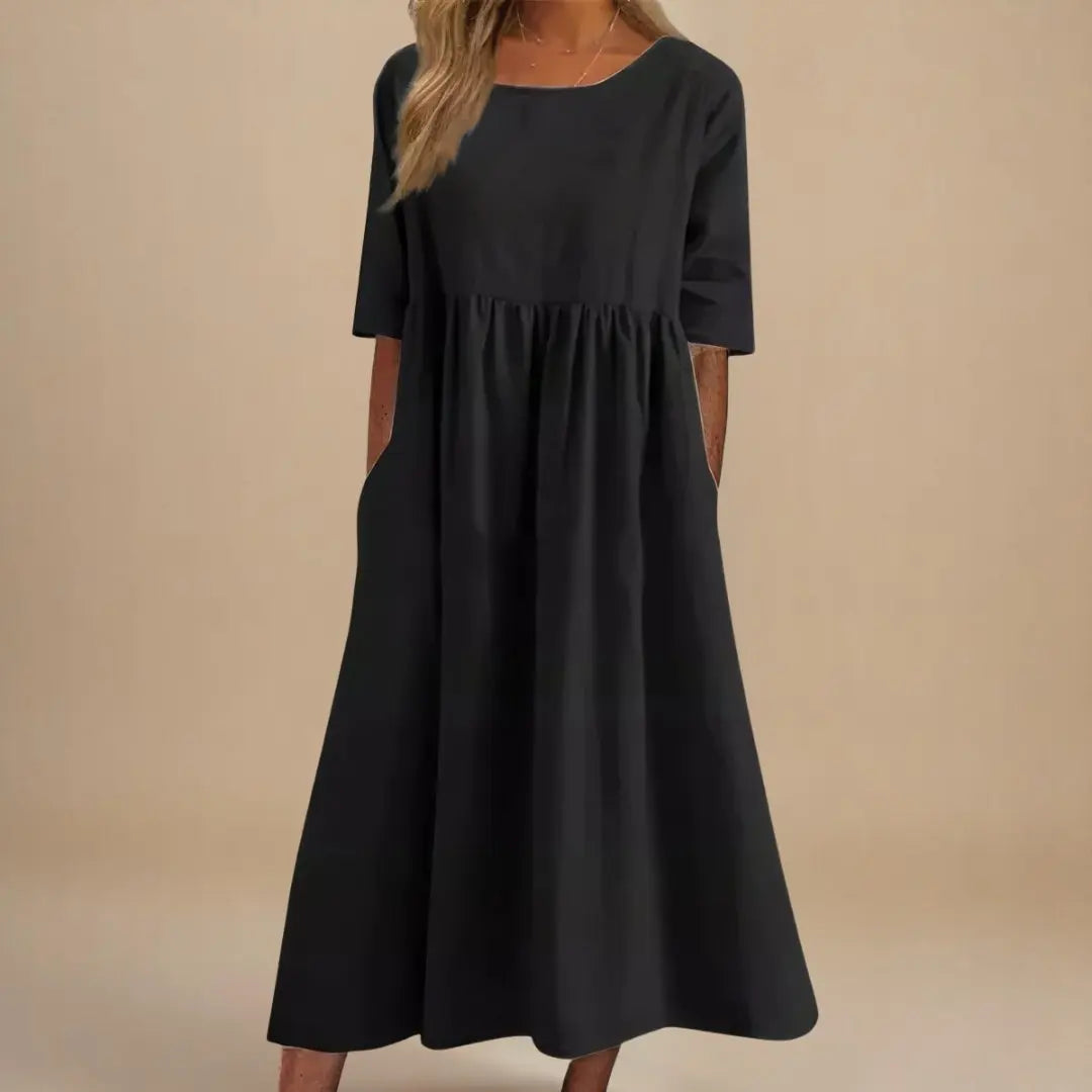 Midi Dress Gathered Waist Linen Half Sleeve - Black