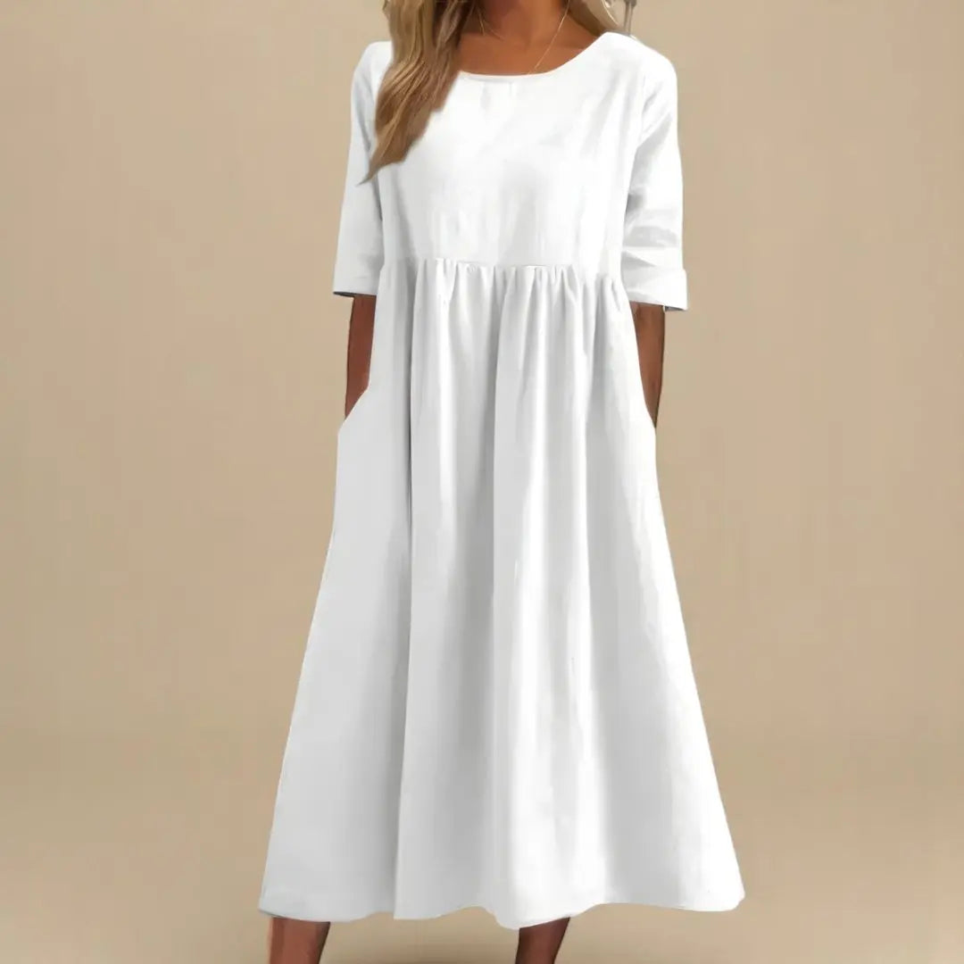 Midi Dress Gathered Waist Linen Half Sleeve - White