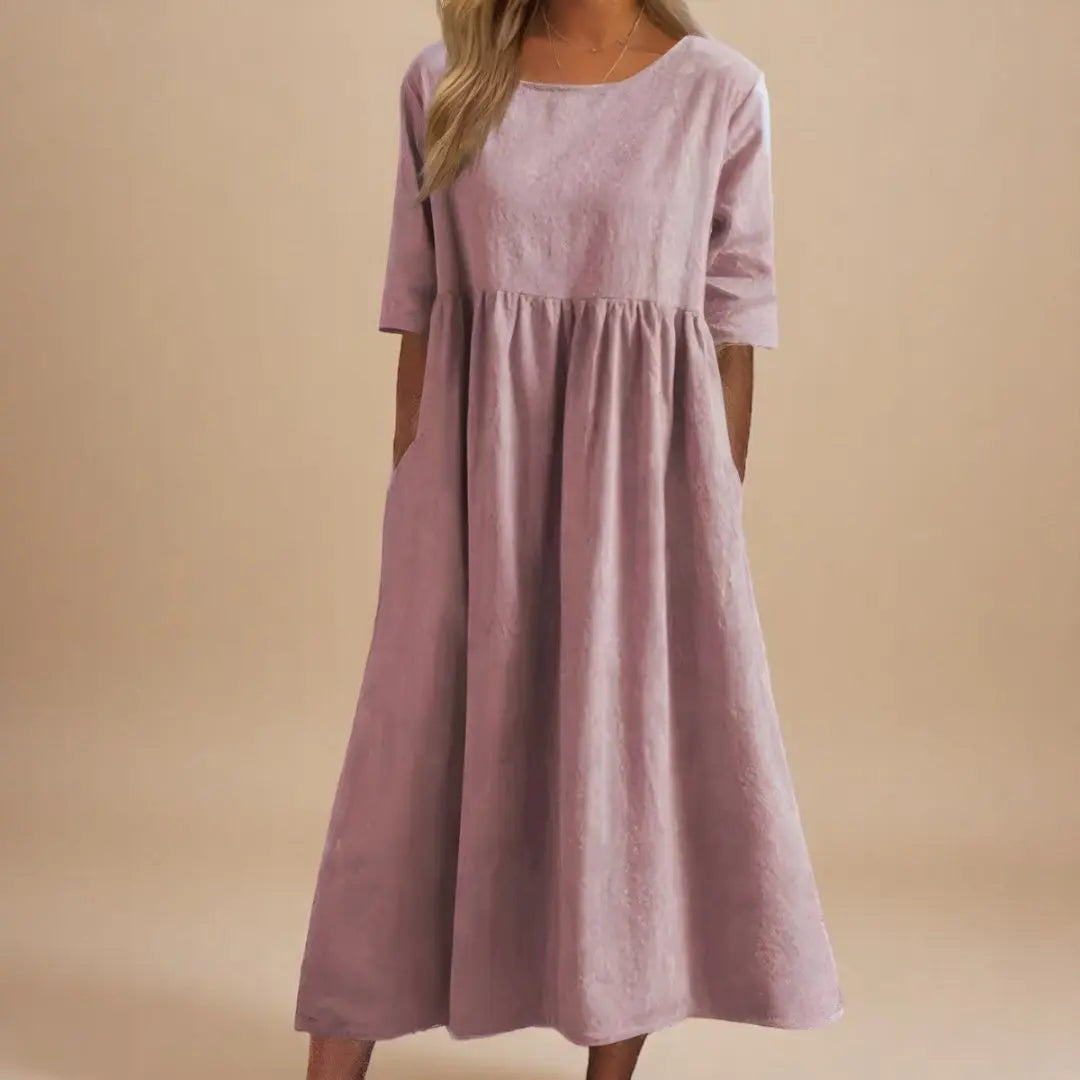 Midi Dress Gathered Waist Linen Half Sleeve - Dusty Pink
