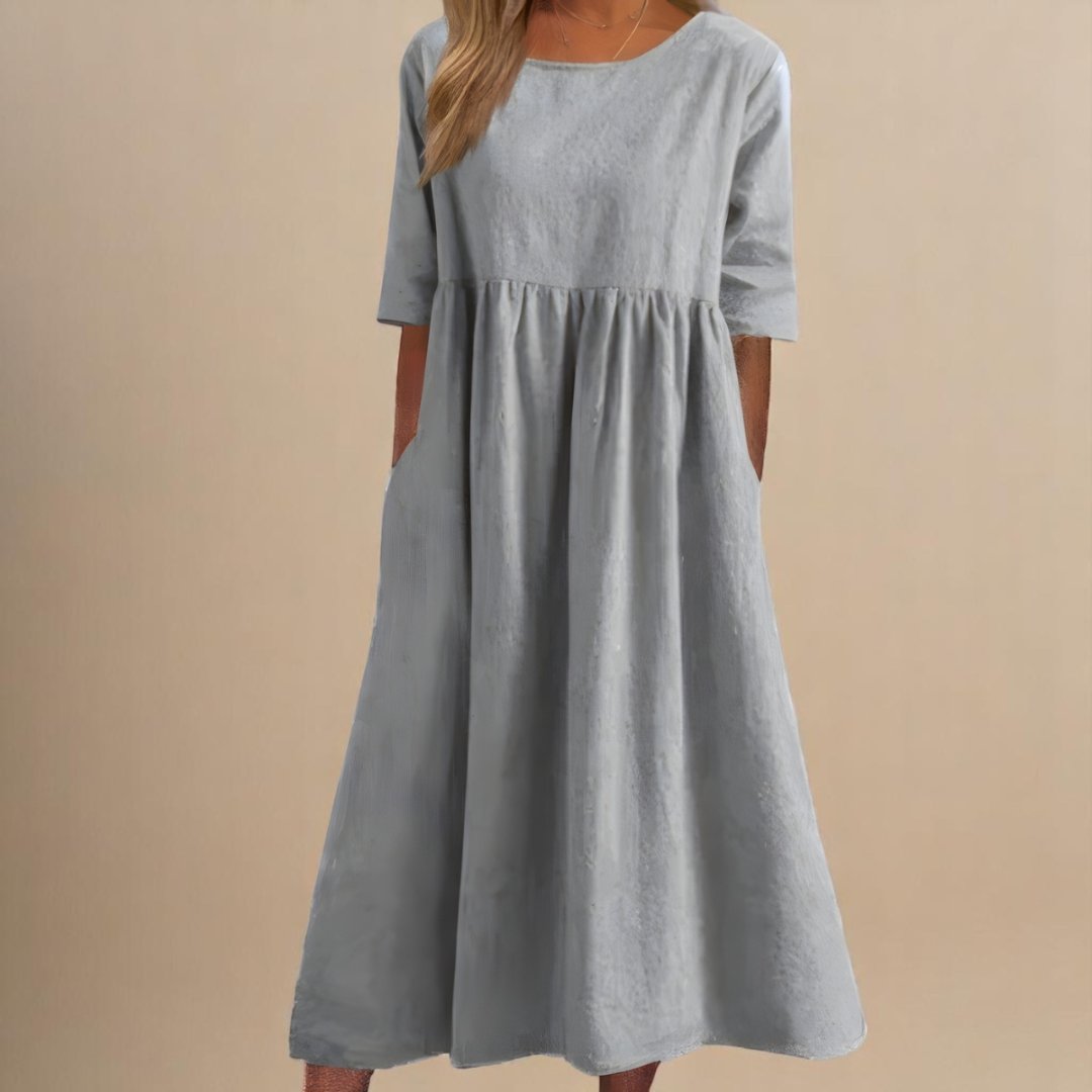 Midi Dress Gathered Waist Linen Half Sleeve - Light Gray
